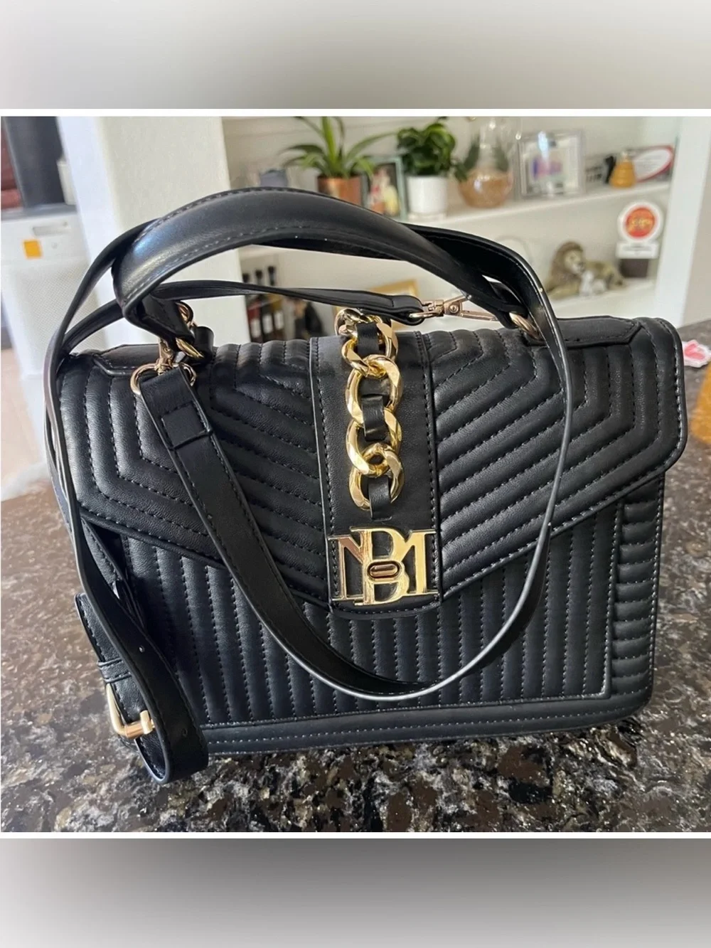 Badgley Mischka Black Quilted Satchel with Gold Chain and Logo